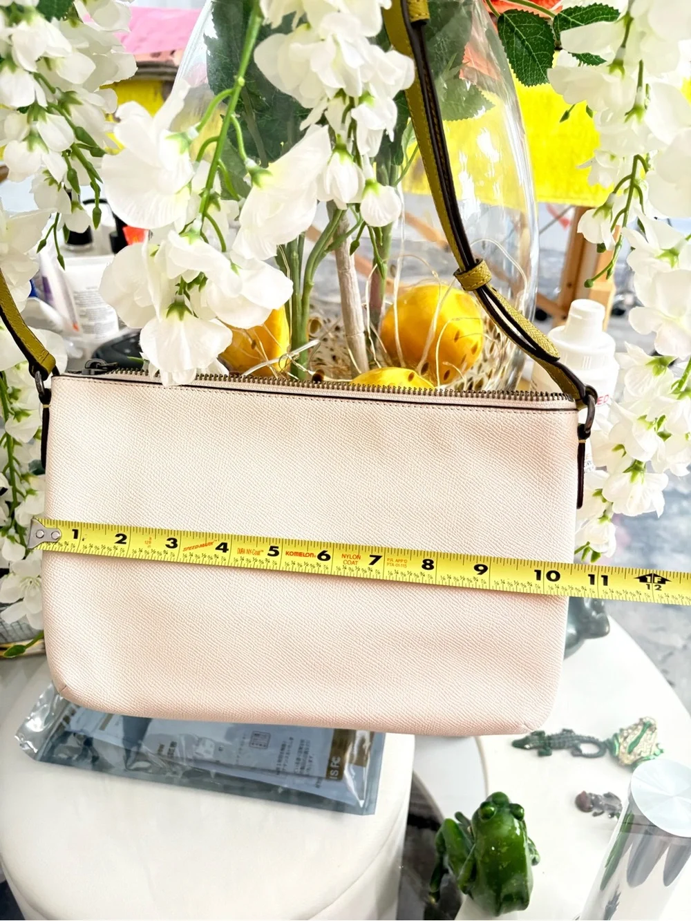 Coach Chalk Pebbled Leather Crossbody with Yellow-Trim Strap
